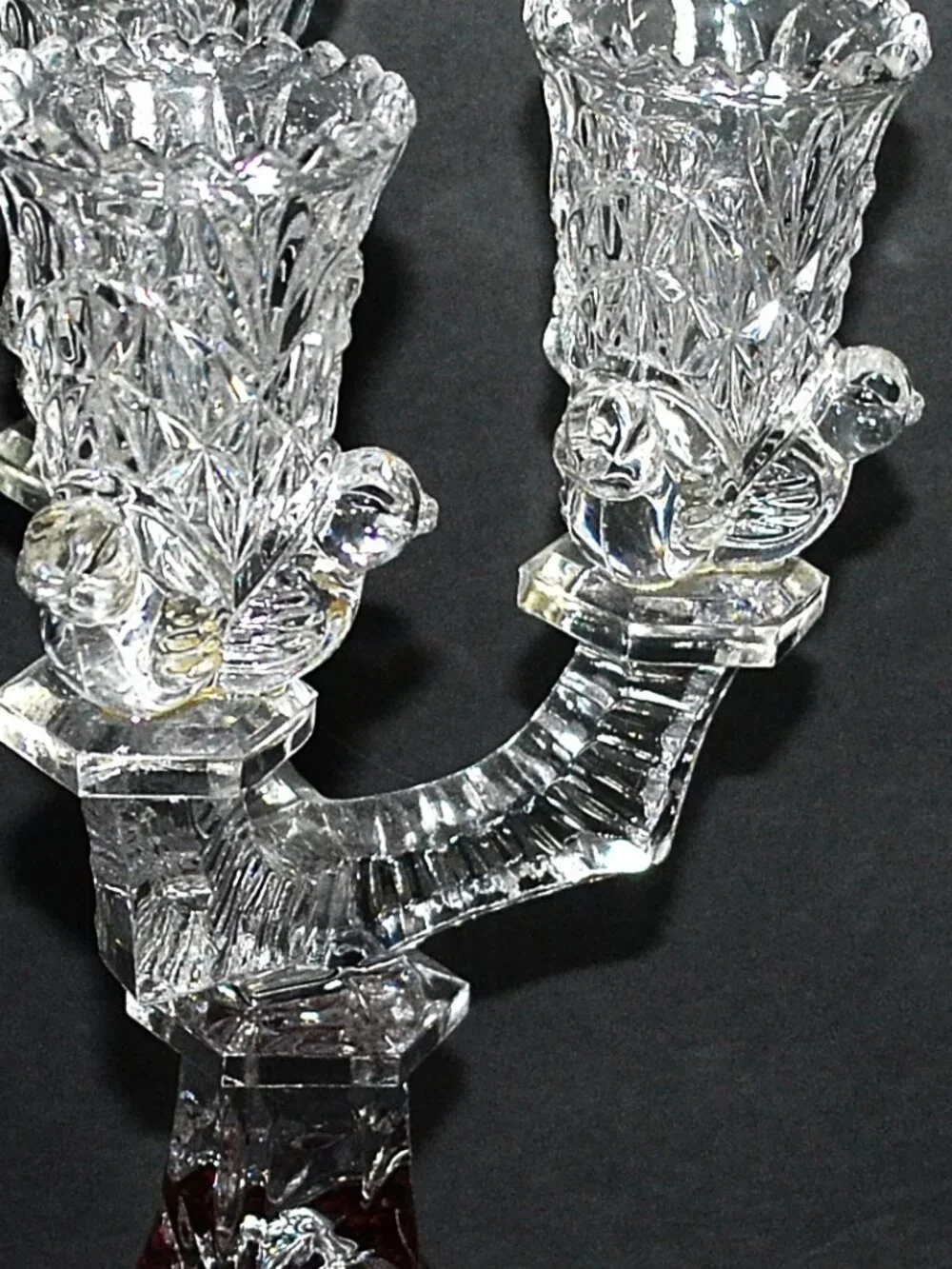 Hofbauer Byrdes Ruby Flash Crystal 3 Arm Candelabrum Cut‑to‑Clear Birds